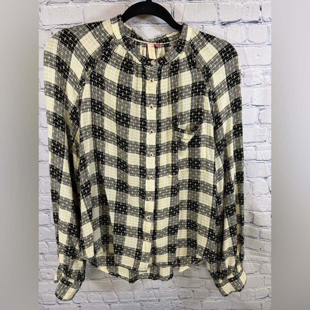 Pilcro Gray and Yellow Boxy Button Down Blouse